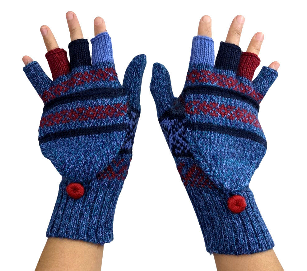 Alpaca Gloves Mittens Convertible - Blue
